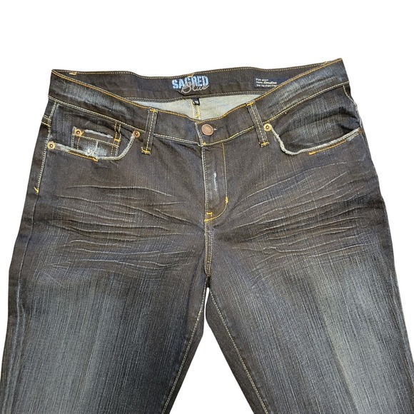 Distressed Jeans Womens 29 Sacred Blue Low Rise Flare Jeans Dark Wash Denim - Picture 2 of 8